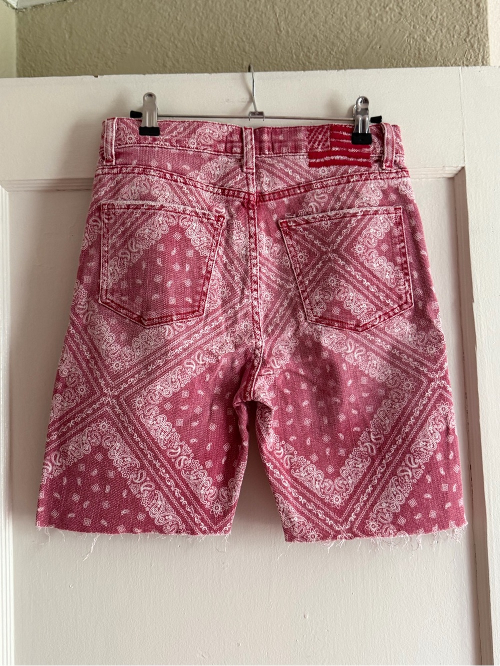 Revice Red Bandana Print Cropped Denim Shorts - Picture 2 of 7
